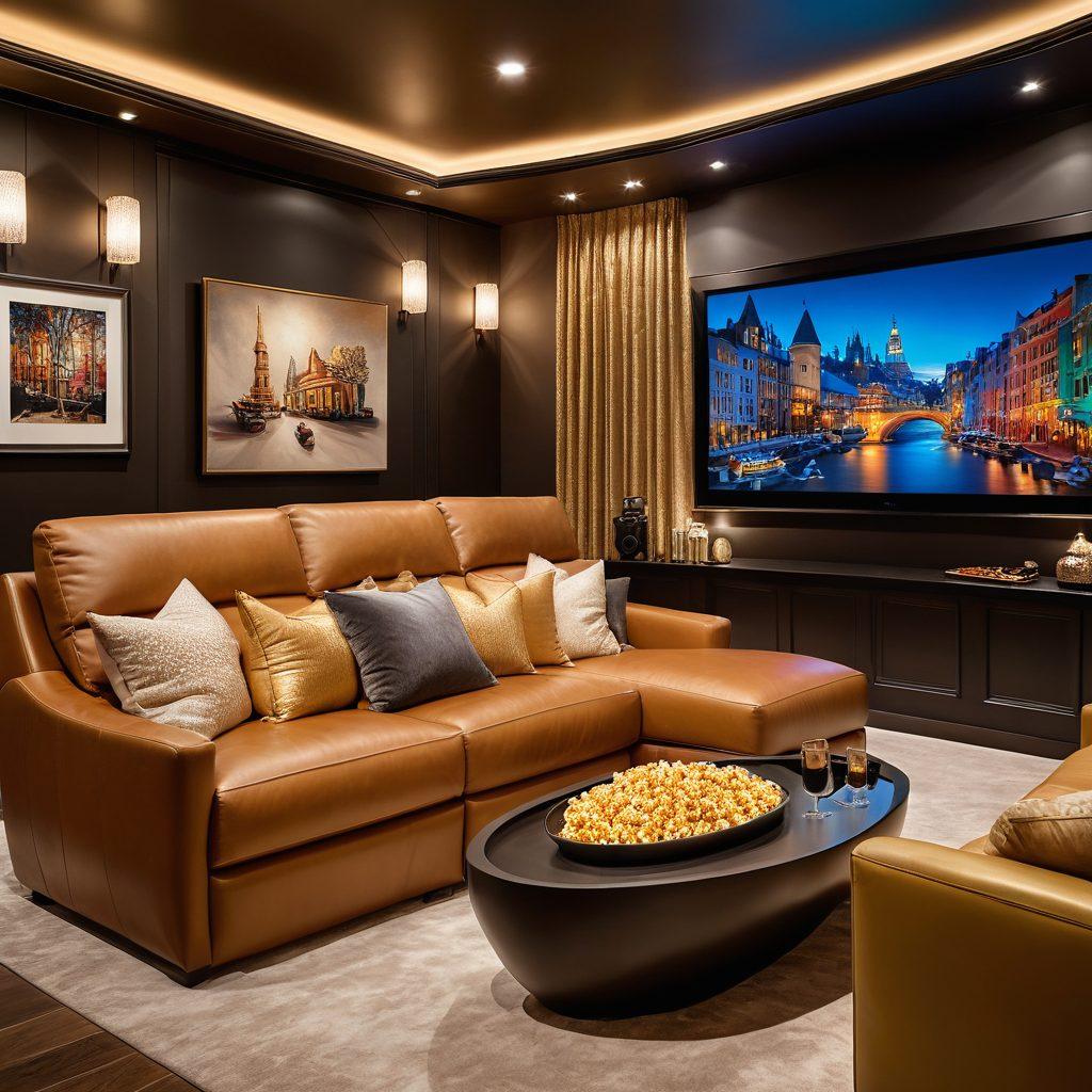 A luxurious home theater setting featuring an oversized plush recliner, a massive curved screen displaying vibrant movie scenes, and ambient lighting creating a warm atmosphere. Include stylish decor elements like gold accents and fine art on the walls, emphasizing comfort and sophistication. Add a bowl of gourmet popcorn and sparkling drinks on a classy side table to enhance the viewing experience. super-realistic. vibrant colors. warm lighting.