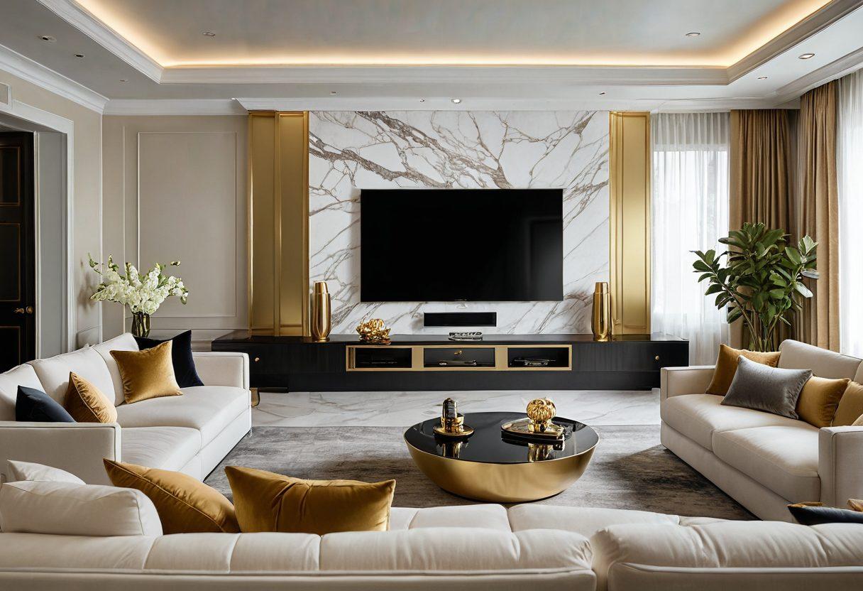 A luxurious home entertainment setup featuring a sleek high-definition television displaying a vibrant, exclusive streaming platform interface. Elegant decor surrounds a plush sofa, with gold accents and sophisticated lighting. An inviting atmosphere, showcasing premium streaming devices and a bowl of gourmet snacks, creates a sense of opulence. The scene captures a sense of exclusivity and comfort for affluent viewers. super-realistic. warm tones. elegant design.