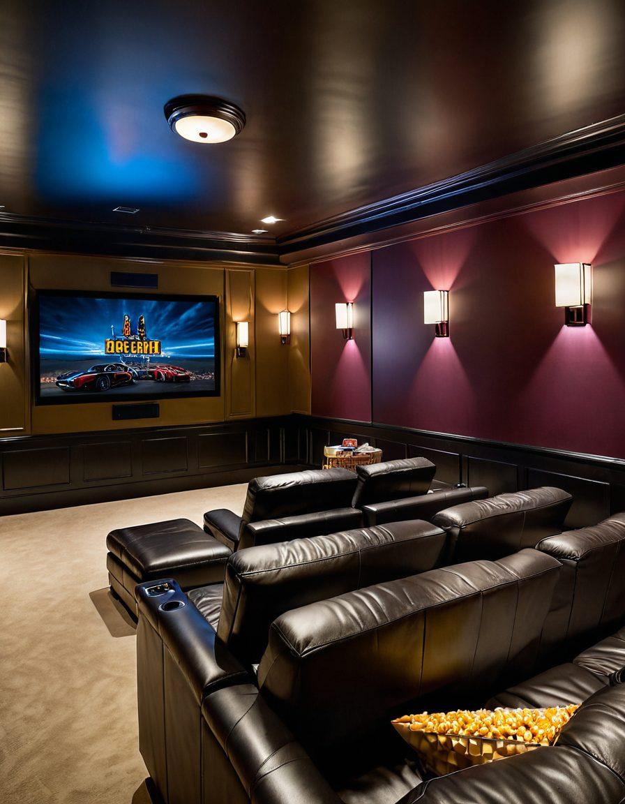 A luxurious home theater room with a large, ultra-high-definition television showcasing vibrant, upscale content. Plush seating, elegant decor, and ambient lighting create an inviting atmosphere. A mix of contemporary and classic design elements reflects sophistication. Include a stylish popcorn machine and film posters in the background. super-realistic. vibrant colors. cinematic atmosphere.